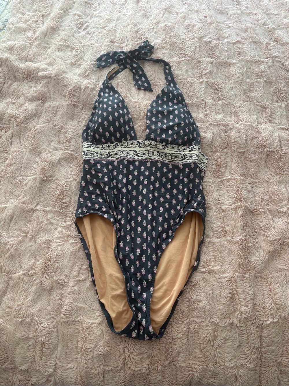 Navy Halter One-Piece Swimsuit with Paisley Print